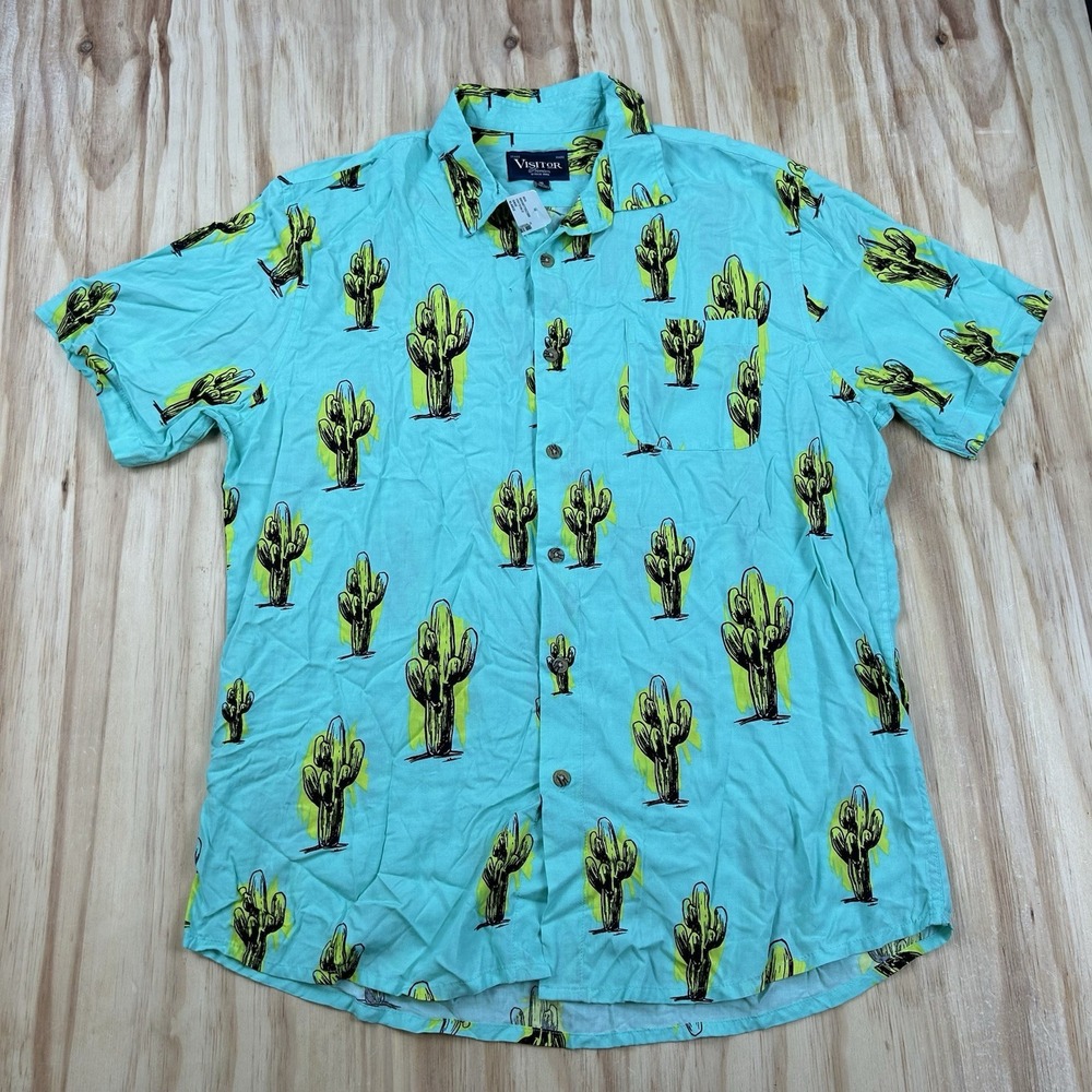 Visitor Men's NEW Cactus Print Hawaiian Shirt Rayon Blue Green XL Short Sleeve